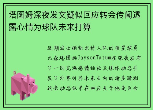 塔图姆深夜发文疑似回应转会传闻透露心情为球队未来打算