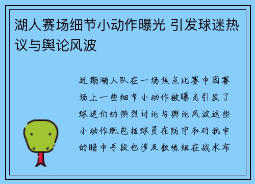 湖人赛场细节小动作曝光 引发球迷热议与舆论风波
