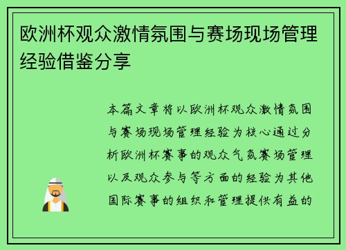 欧洲杯观众激情氛围与赛场现场管理经验借鉴分享
